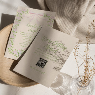 Hand Drawn Green Pink Bow Floral QR Code Wedding Invitation