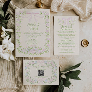 Hand Drawn Green Pink Bow Floral Summer Wedding Invitation