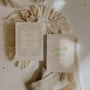 Hand Drawn Green Pink Bow Floral Summer Wedding Save The Date