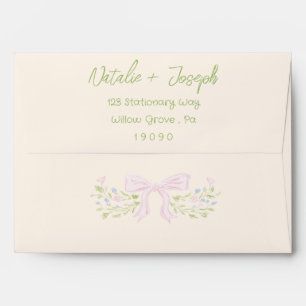 Hand Drawn Green Pink Bow Floral Wedding Envelope