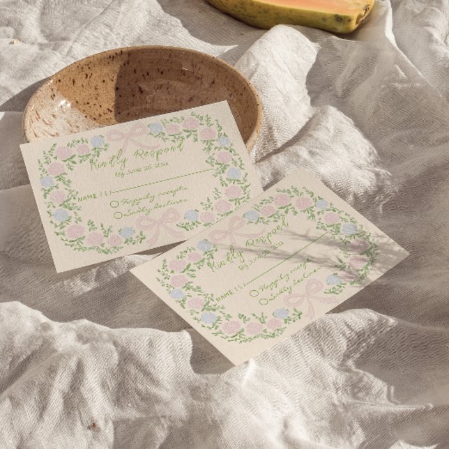 Hand Drawn Green Pink Bow Floral Wreath Wedding RSVP Card (Creator Uploaded)