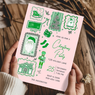 Hand Drawn Green Pink Doodle Christmas Party Invitation