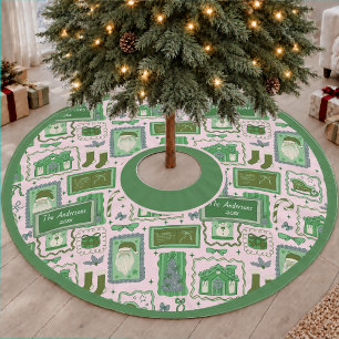 Hand Drawn Green Pink Whimsical Christmas Name Brushed Polyester Tree Skirt