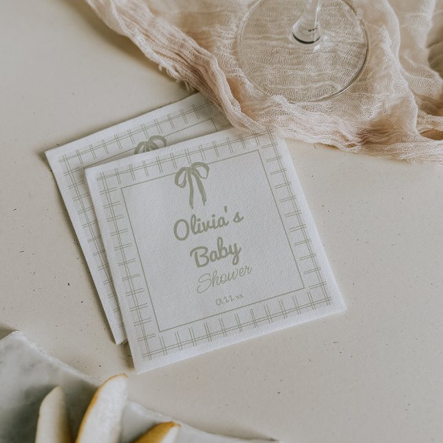 Hand Drawn Green Retro Gingham Bow Baby Shower Napkins (Creator Uploaded)