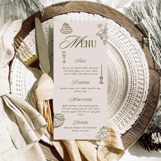 Hand Drawn Green Retro Illustrated Dinner Wedding Menu (Creator Uploaded)