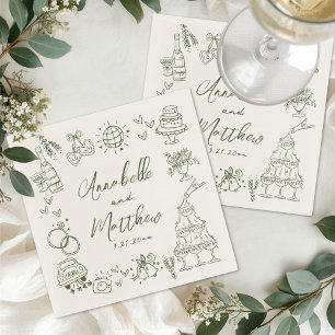 Hand Drawn Green Retro Wedding Napkins