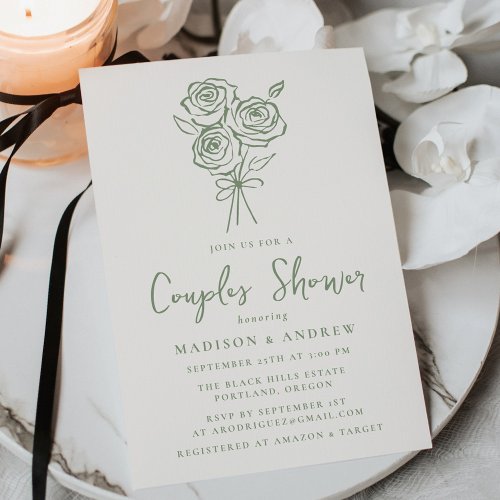 Hand_Drawn Green Rose Bouquet Couples Shower Invitation