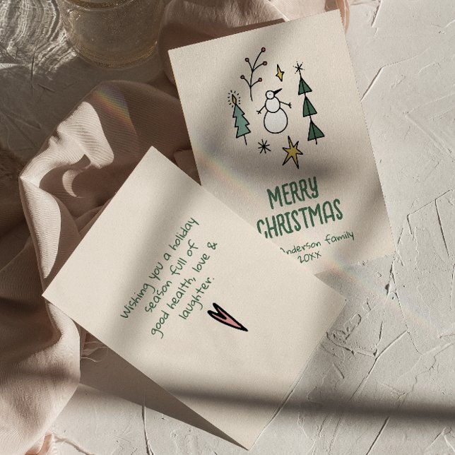 Hand Drawn Green Snowman Christmas Trees Non-Photo Holiday Card (Creator Uploaded)