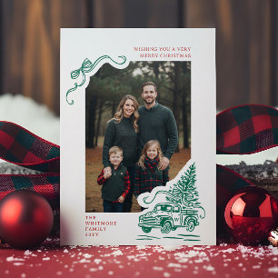 Hand Drawn Green Vintage Truck Christmas Tree Bow Letterpress Photo Cards