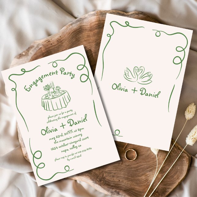 Hand Drawn Green Whimsical Engagement Party Invitation (Creator Uploaded)