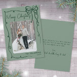 Hand Drawn Green Whimsical Merry Christmas Holiday Card<br><div class="desc">Send holiday cheer with this vertical Christmas card design. The front features a vertical photo in the center, framed by a swirling ribbon-style doodle border. A cute hand-drawn coquette bow sits in the top right corner, while “Merry Christmas” appears in a handwritten script at the top left. The bottom right...</div>