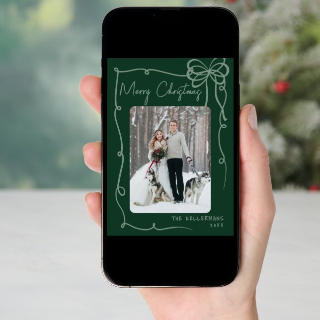 Hand Drawn Green Whimsical Merry Christmas Holiday Card (Front Digital)