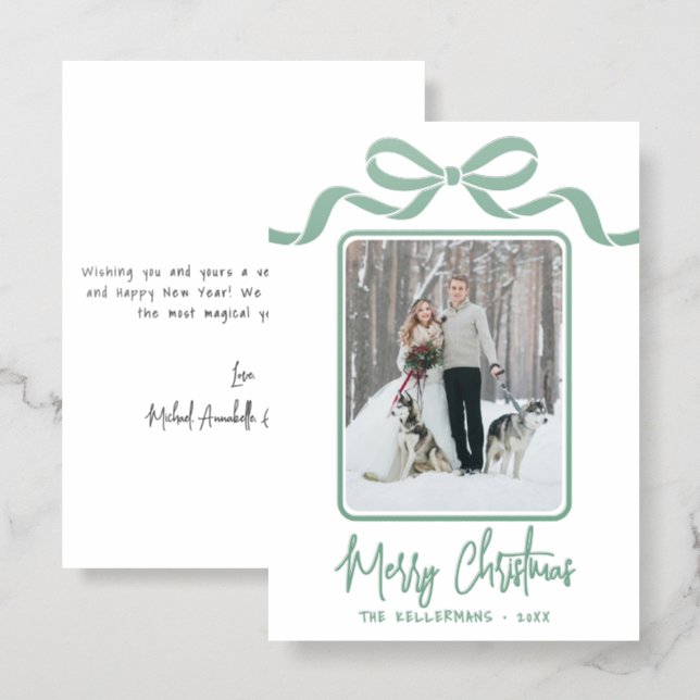 Hand Drawn Green Whimsical Merry Christmas Holiday Letterpress Photo Cards (Front/Back)