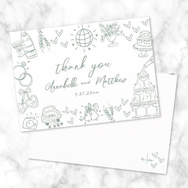 Hand Drawn Green Whimsical Wedding Thank You Card (Hand Drawn Green Whimsical Wedding Thank You Card)