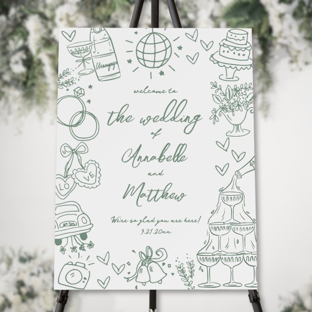 Hand Drawn Green Whimsical Wedding Welcome Sign (Hand Drawn Green Whimsical Wedding Welcome Sign )