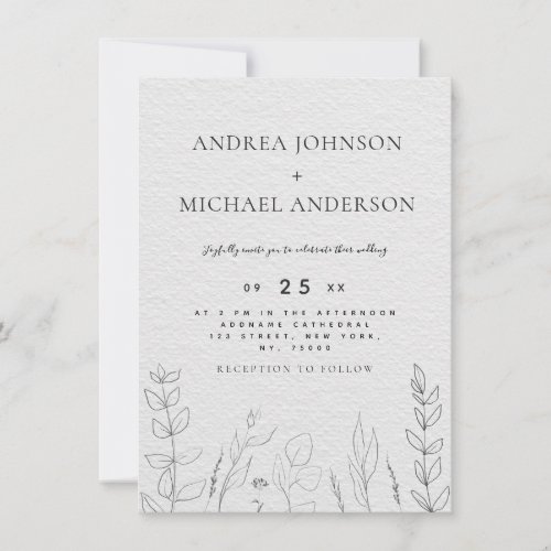 Hand Drawn Greenery Kraft Line Art Black  White Invitation