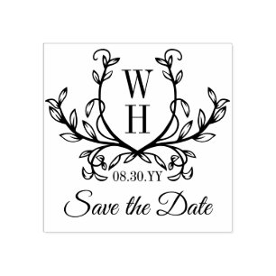 Hand-Drawn Greenery Monogram Wedding Save the Date Rubber Stamp