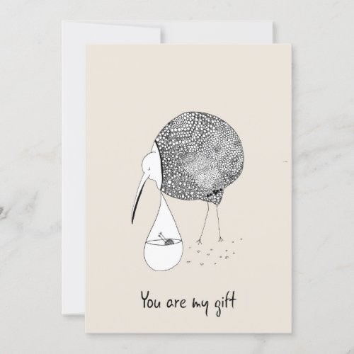 Hand Drawn Greeting Card Kiwi Bird Carrying Baby