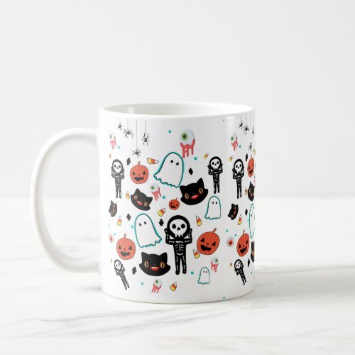 Hand Drawn Halloween Cat Skeleton Ghost Pattern Coffee Mug
