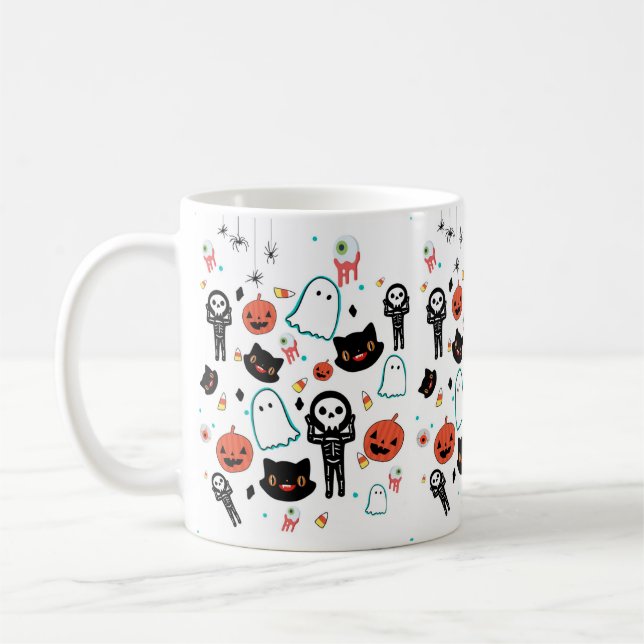 Hand Drawn Halloween Cat Skeleton Ghost Pattern Coffee Mug (Left)