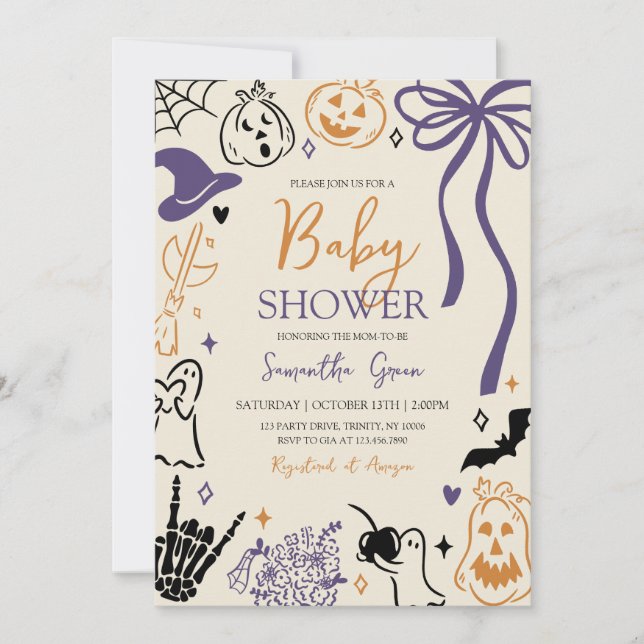 Hand-drawn Halloween Little Boo Baby Shower Invitation (Front)