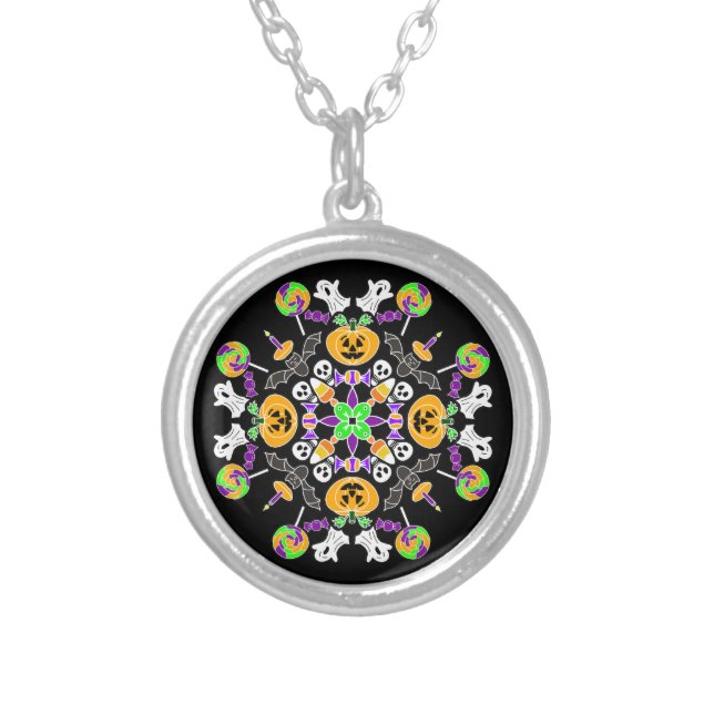 Hand Drawn Halloween Mandala Skulls, Pumpkins,    Silver Plated Necklace (Front)
