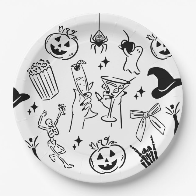Hand Drawn Halloween Party Paper Plates (Front)