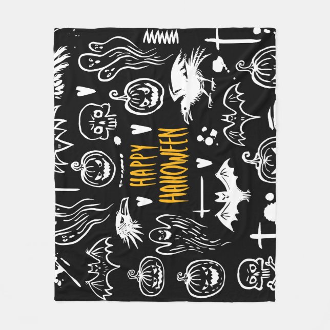 Hand-drawn Halloween symbols, vintage collection. Fleece Blanket (Front)