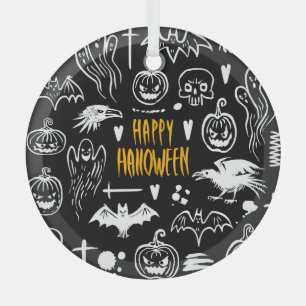 Hand-drawn Halloween symbols, vintage collection. Glass Ornament