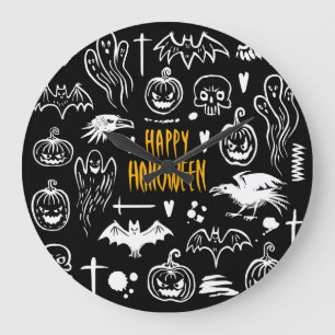 Hand-drawn Halloween symbols, vintage collection. Large Clock