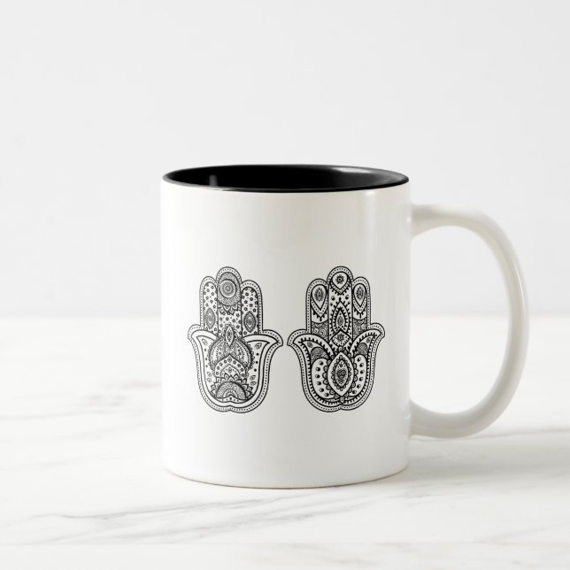 Hand Drawn Hamsa With Ornaments Two-Tone Coffee Mug (Right)