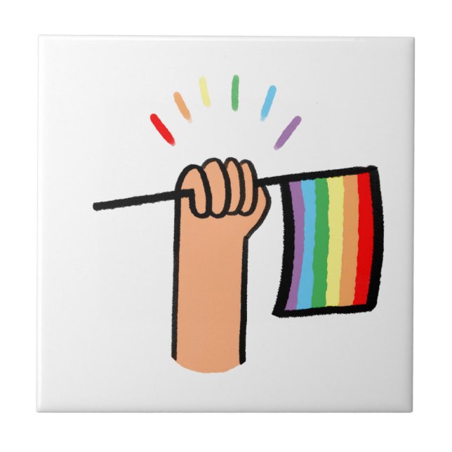 Hand Drawn Hand Waving a Rainbow Flag Ceramic Tile (Front)