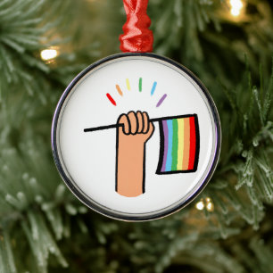 Hand Drawn Hand Waving a Rainbow Flag Metal Ornament