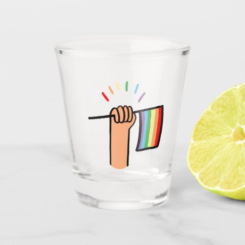Hand Drawn Hand Waving a Rainbow Flag Shot Glass