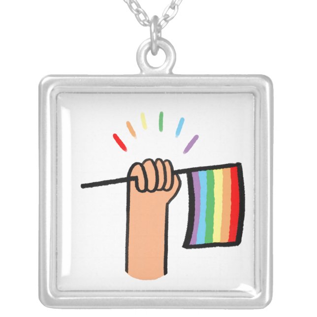 Hand Drawn Hand Waving a Rainbow Flag Silver Plated Necklace (Front)