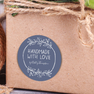 Hand Drawn Handmade With Love Personalized Blue Classic Round Sticker