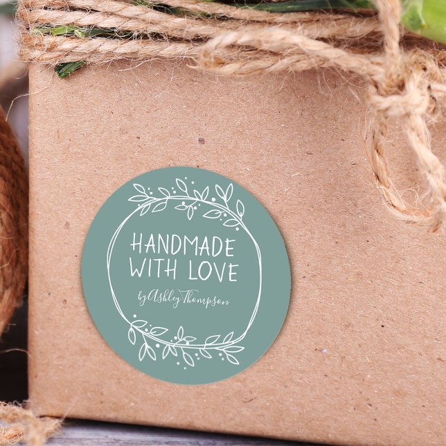 Hand Drawn Handmade With Love Personalized Teal Classic Round Sticker (Creator Uploaded)