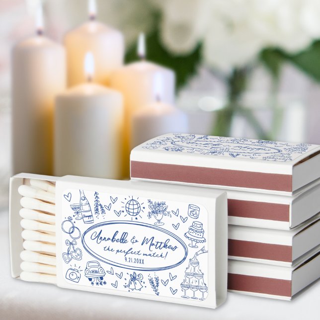 Hand Drawn Handwritten Blue Whimsical Wedding Matchboxes (Hand Drawn Handwritten Blue Whimsical Wedding Matchboxes )