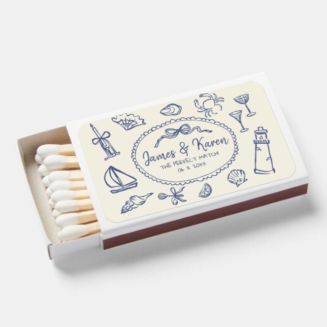 Hand Drawn Handwritten coastal wedding Matchboxes (Front Open)
