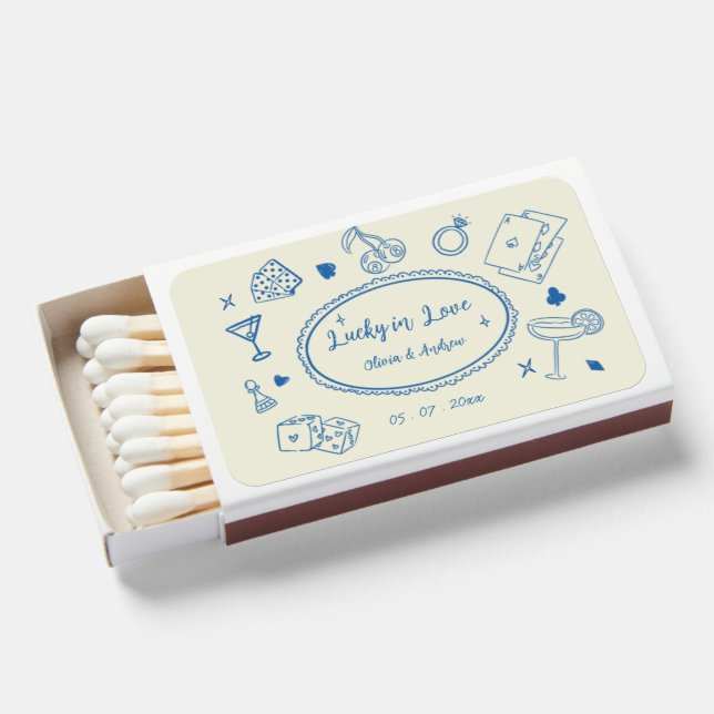 Hand Drawn Handwritten Funky Lucky In Love wedding Matchboxes (Front Open)