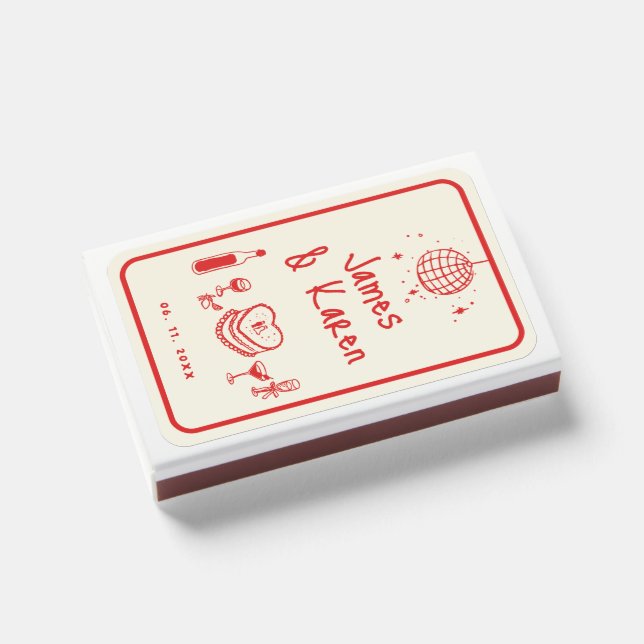 Hand Drawn Handwritten funky retro wedding Matchboxes (Front Closed)