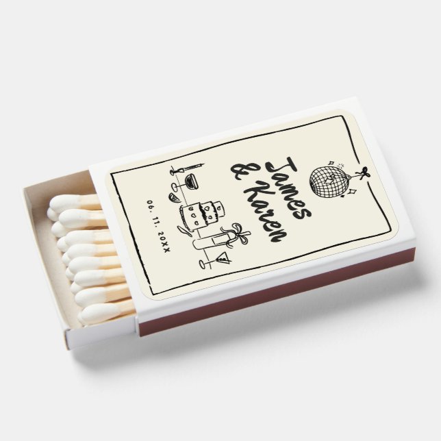 Hand Drawn Handwritten funky retro wedding Matchboxes (Front Open)