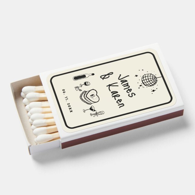 Hand Drawn Handwritten funky retro wedding Matchboxes (Front Open)