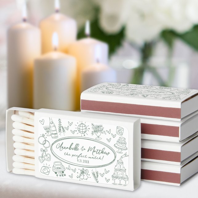 Hand Drawn Handwritten Green Wedding Matchboxes (Hand Drawn Handwritten Funky Green Wedding Matchboxes)