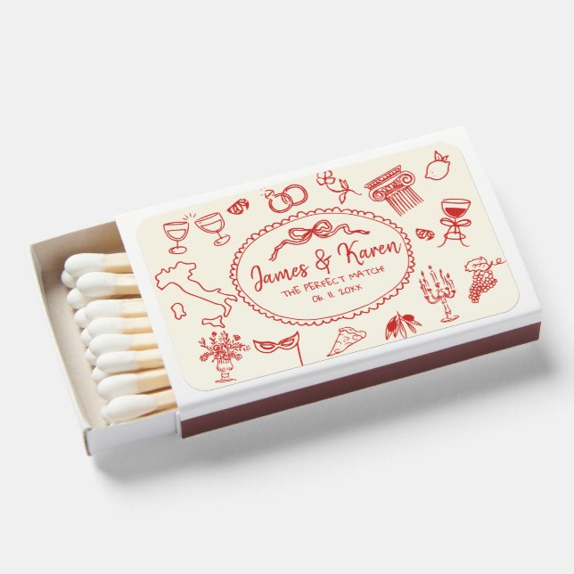 Hand Drawn Handwritten Italian Mediterrane wedding Matchboxes (Front Open)