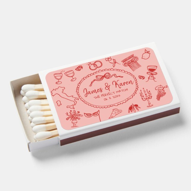 Hand Drawn Handwritten Italian Mediterrane wedding Matchboxes (Front Open)