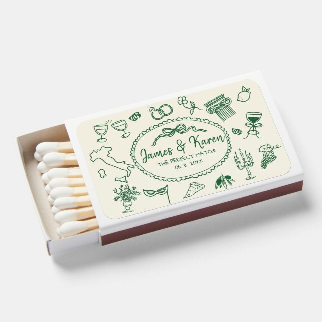 Hand Drawn Handwritten Italian mediterrane wedding Matchboxes (Front Open)