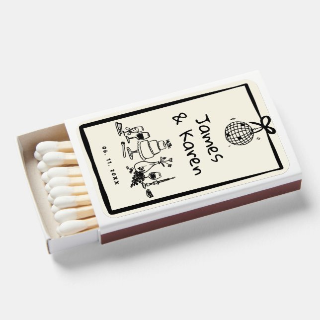 Hand Drawn Handwritten retro wedding Matchboxes (Front Open)