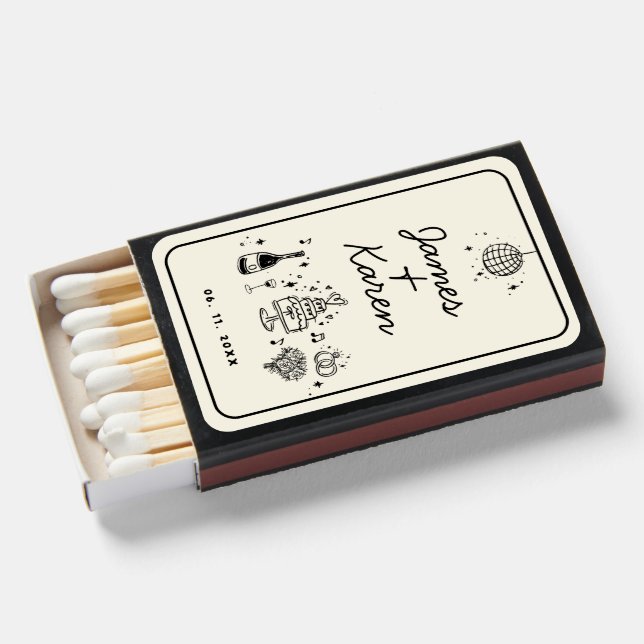 Hand Drawn Handwritten retro wedding Matchboxes (Front Open)