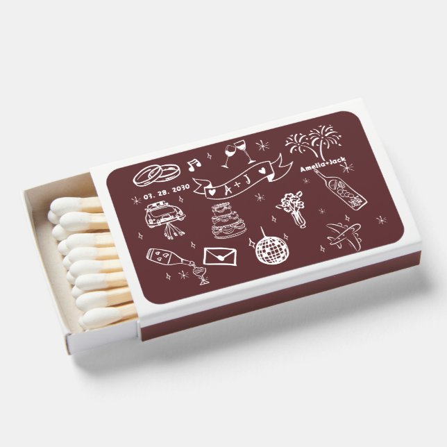 Hand Drawn Handwritten Wedding Favors Matchboxes (Front Open)